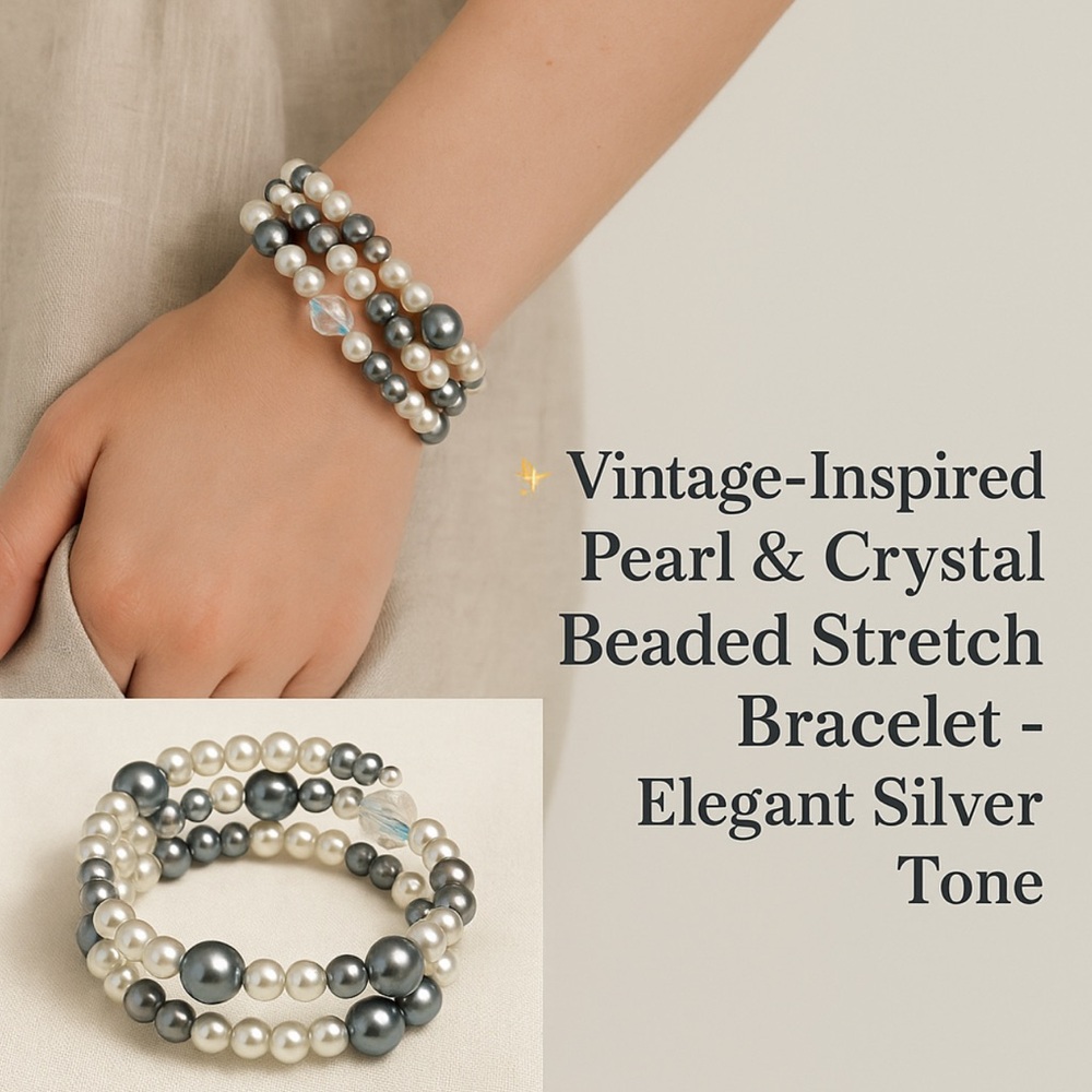 Vintage-Inspired Pearl & Crystal Beaded Stretch Bracelet - Elegant Silver Tone